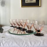 6 Art Deco pink wine or water glasses with black stems.