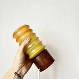 Vintage Bedside Lamp Wood Base & Yellow Orange Glass, VEB Lighting, GDR