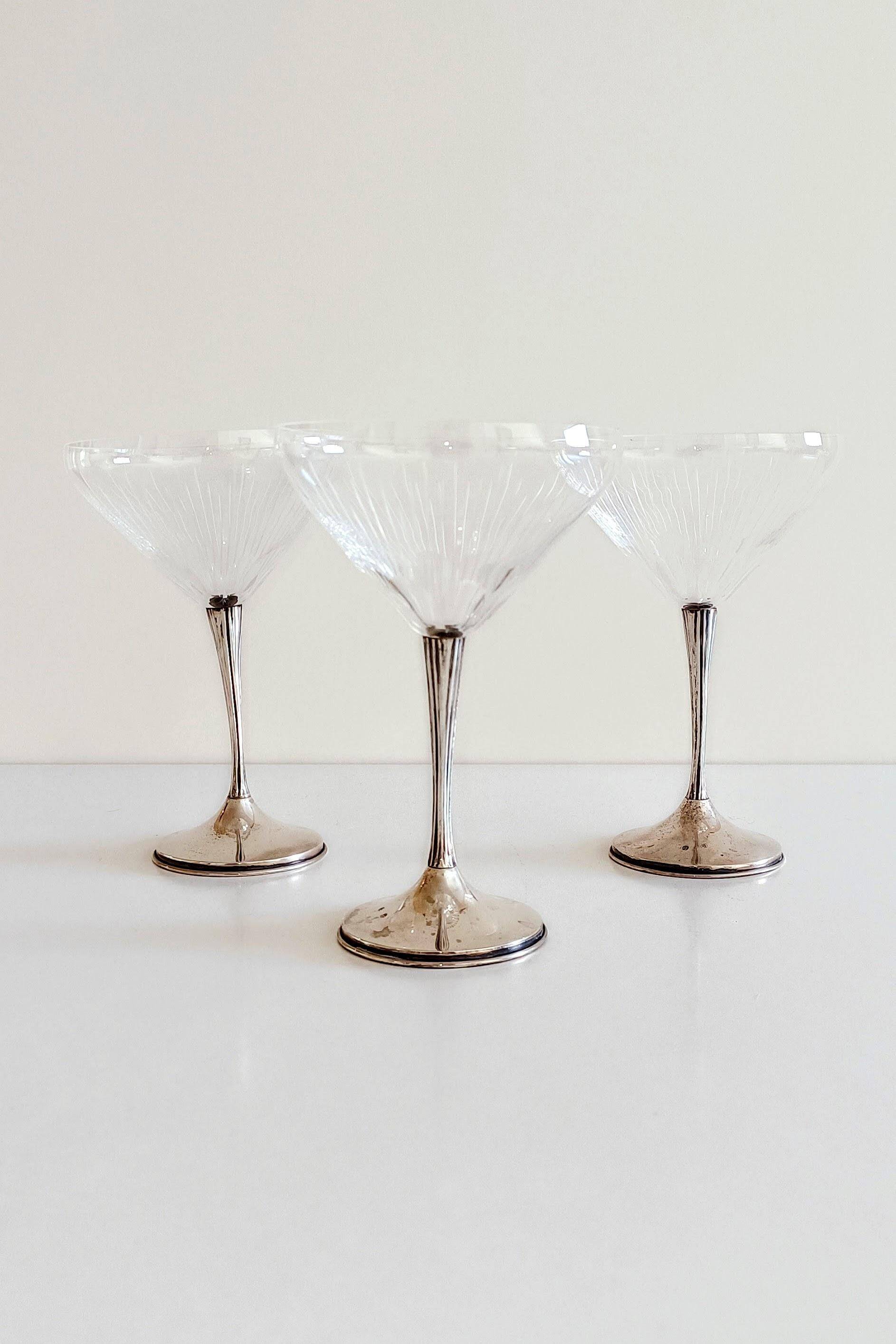 Art Deco Champagne Glasses Set of 3, Sterling Silver & Cut Glass