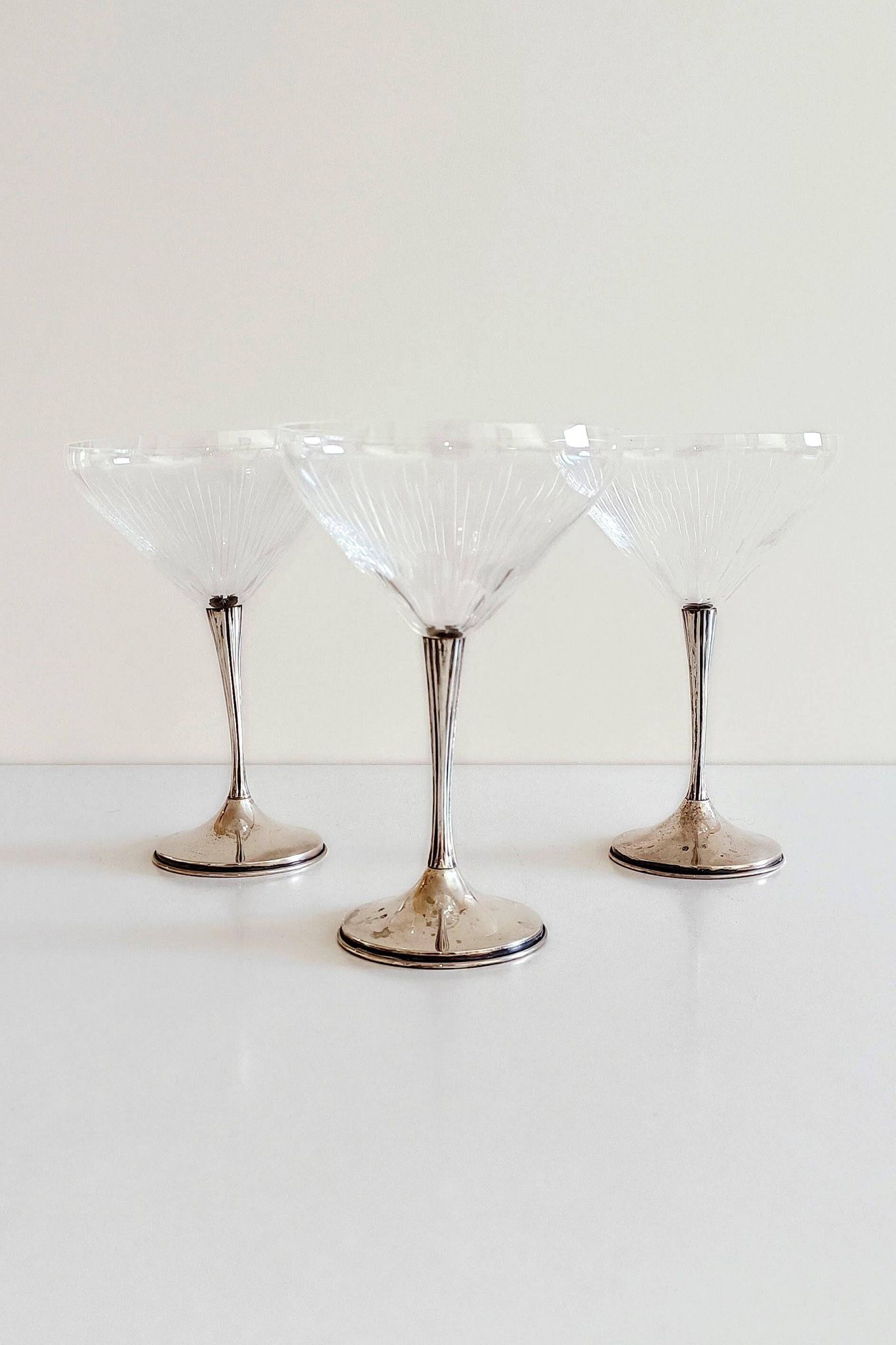 Art Deco Champagne Glasses Set of 3, Sterling Silver & Cut Glass