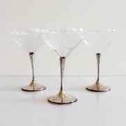 Art Deco Champagne Glasses Set of 3, Sterling Silver & Cut Glass