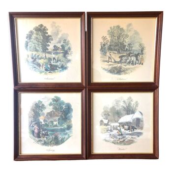 Set of 4 framed antique prints - 4 seasons