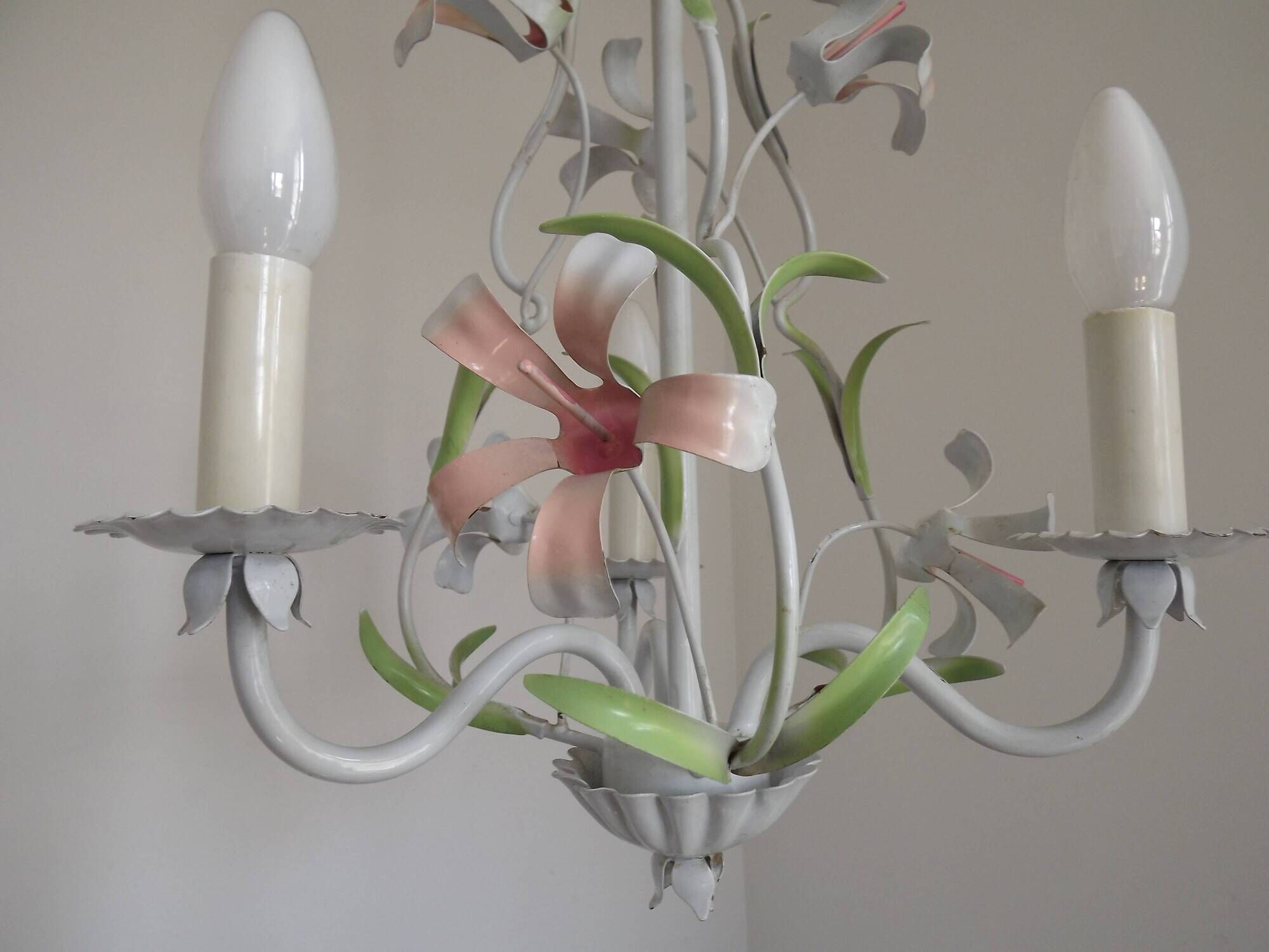 French Vintage 3 Light Pink Lily Flower Cage Style Metal Chandelier 5470