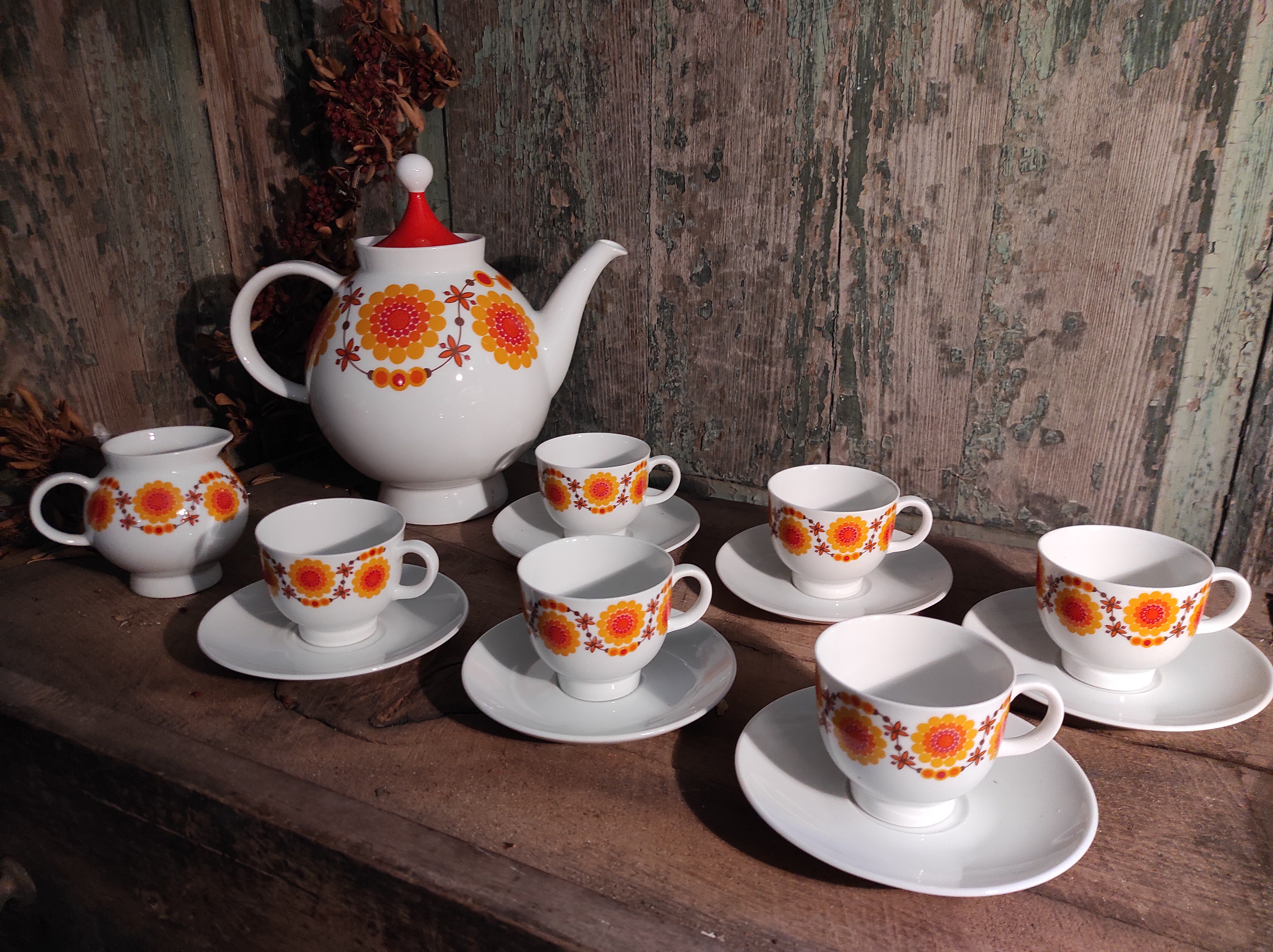Mid Century Schumann Arzberg German porcelain coffee set in orange and yellow