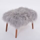 Danish Mid-century Modern stool reupholstered in grey sheep skin