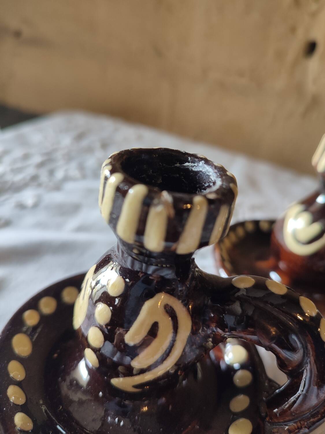 Duo of vintage ceramic candlesticks from Alsace, Obernai