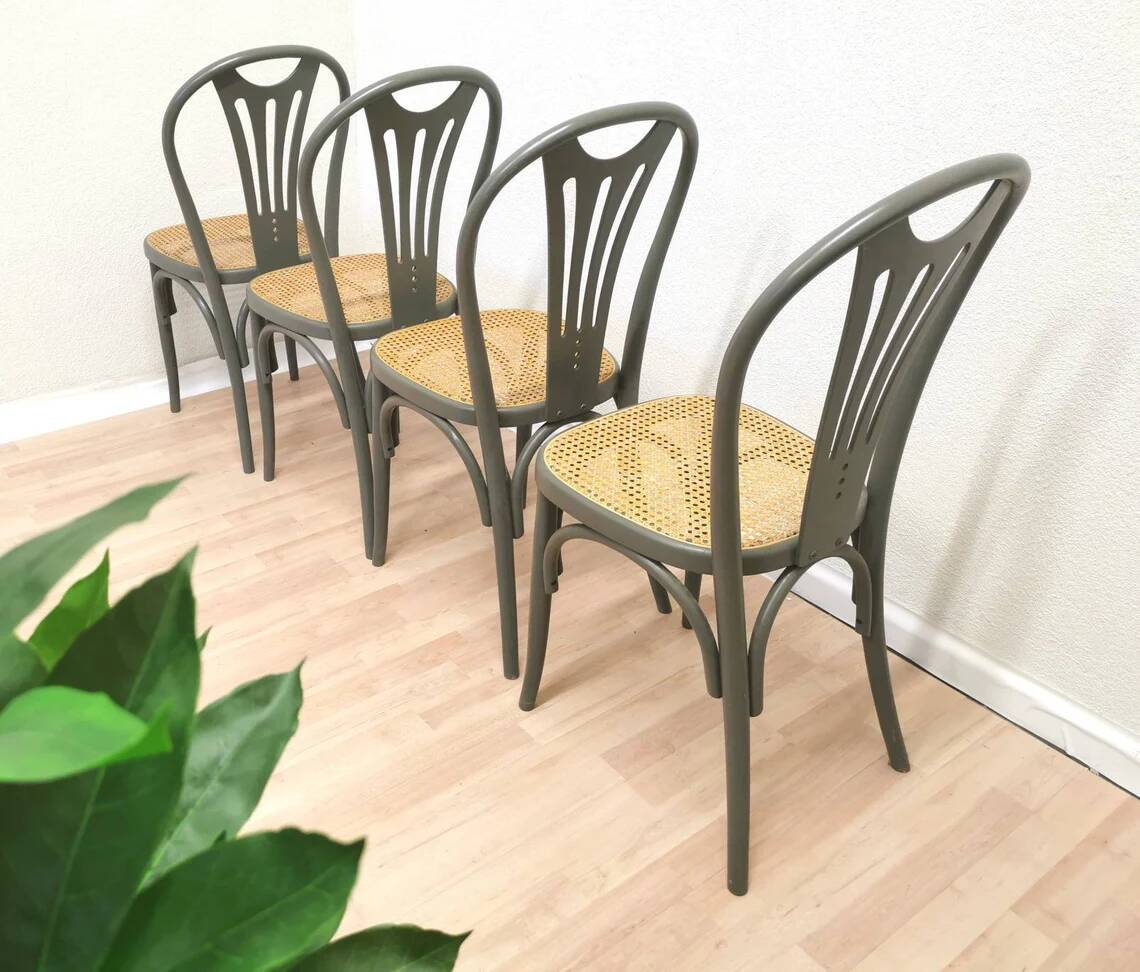 Set of 4 Vintage Gray Thonet Style Dining Chairs with Cane Seat