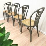 Set of 4 Vintage Gray Thonet Style Dining Chairs with Cane Seat