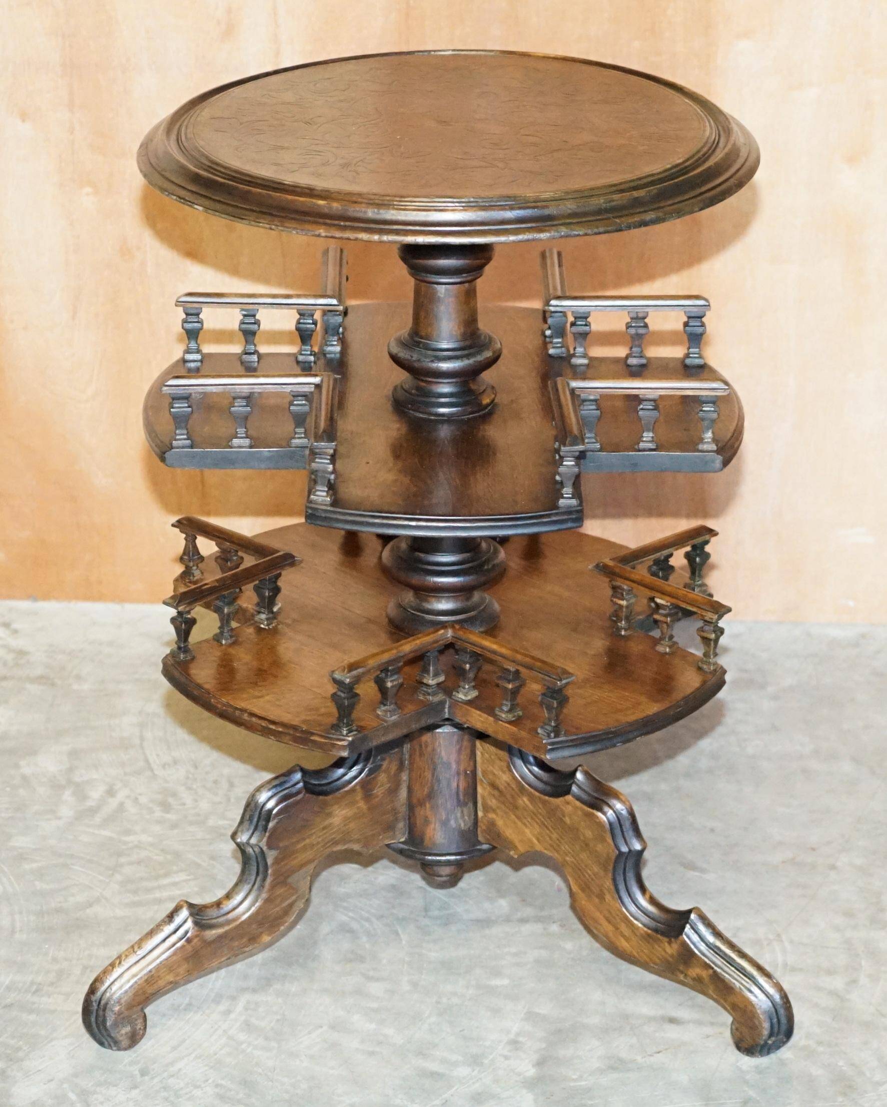 Victorian oak library table, two levels, pokerwork top.