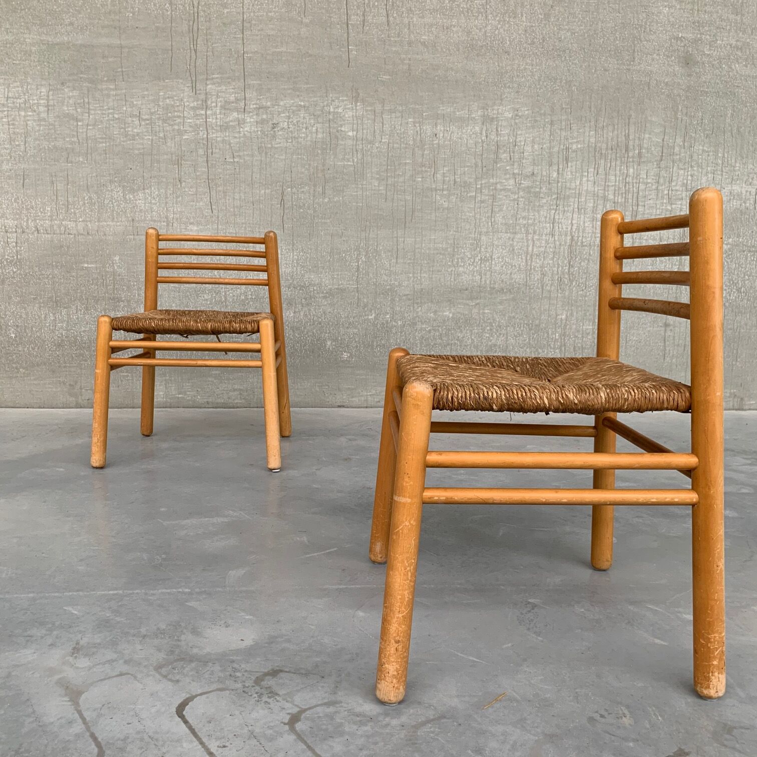 Pair of Pine and Rush Mid-Century Dutch Chairs