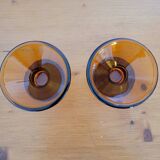 Pair of geometric amber glass candlesticks