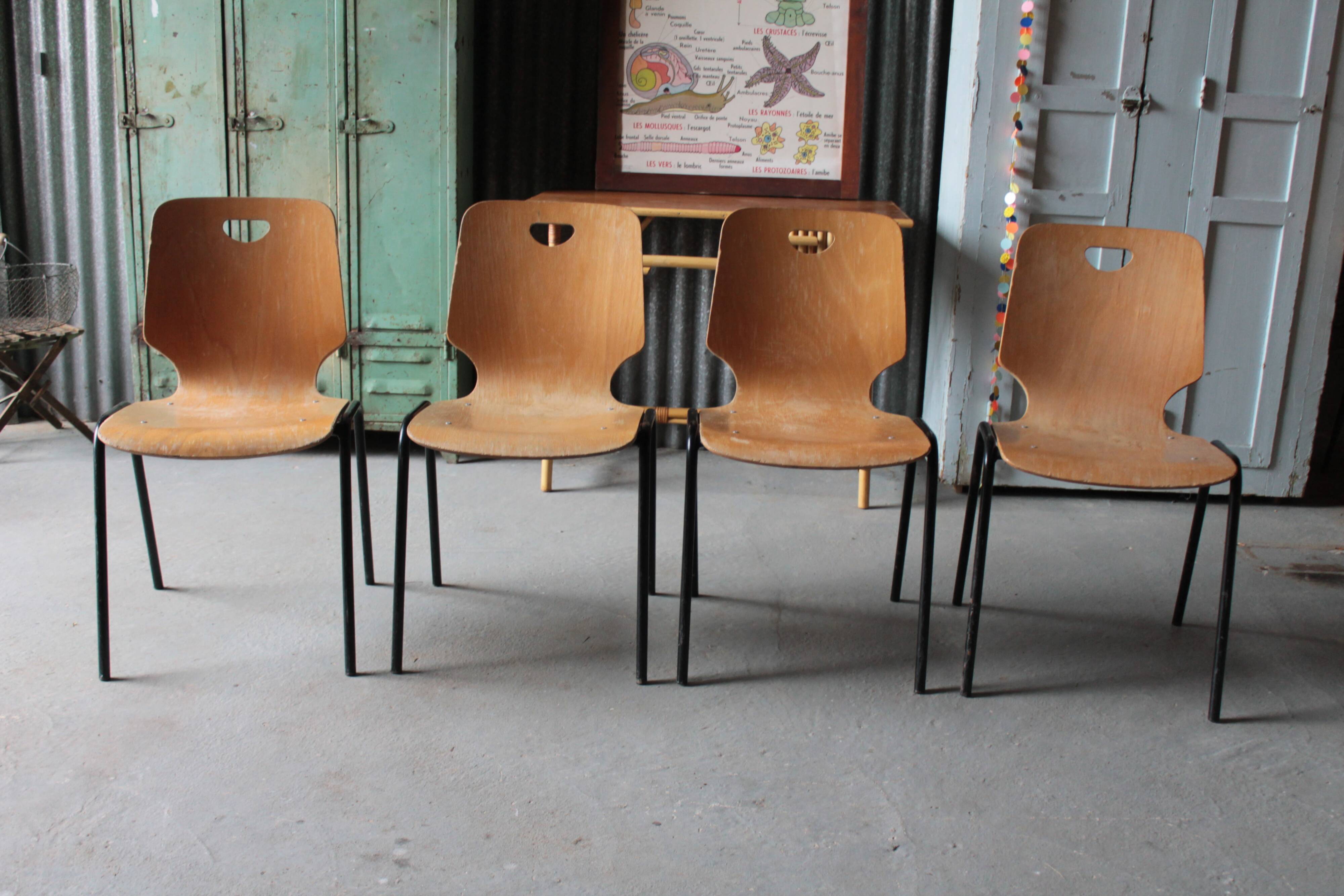 4 vintage school chairs, wood and metal