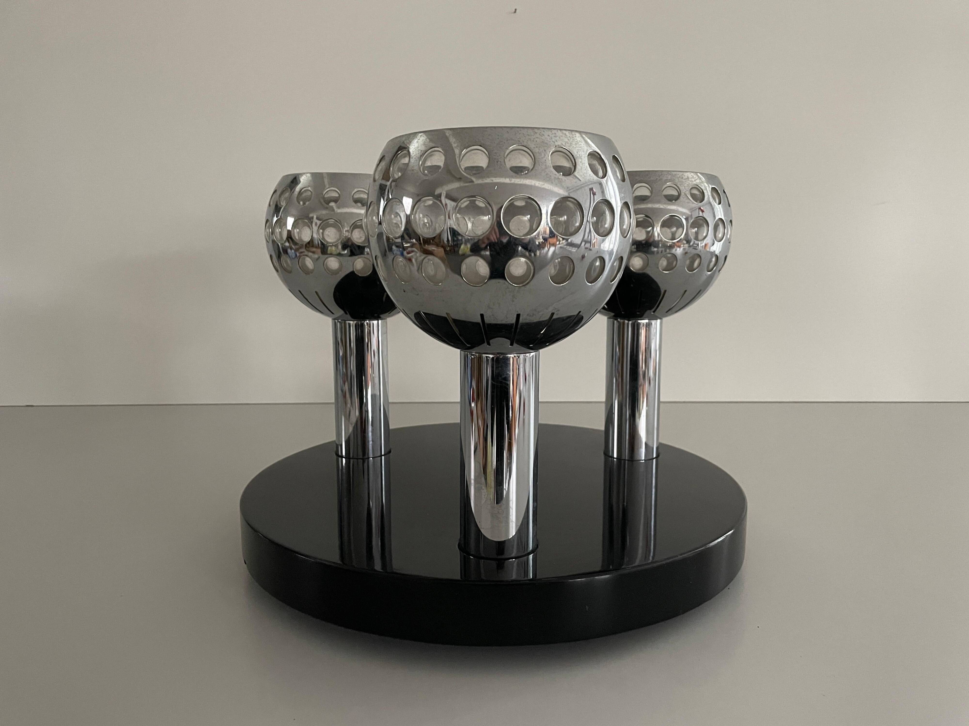 Mid-century ceiling light with 3 shades and wooden base, 1960s, Italy.