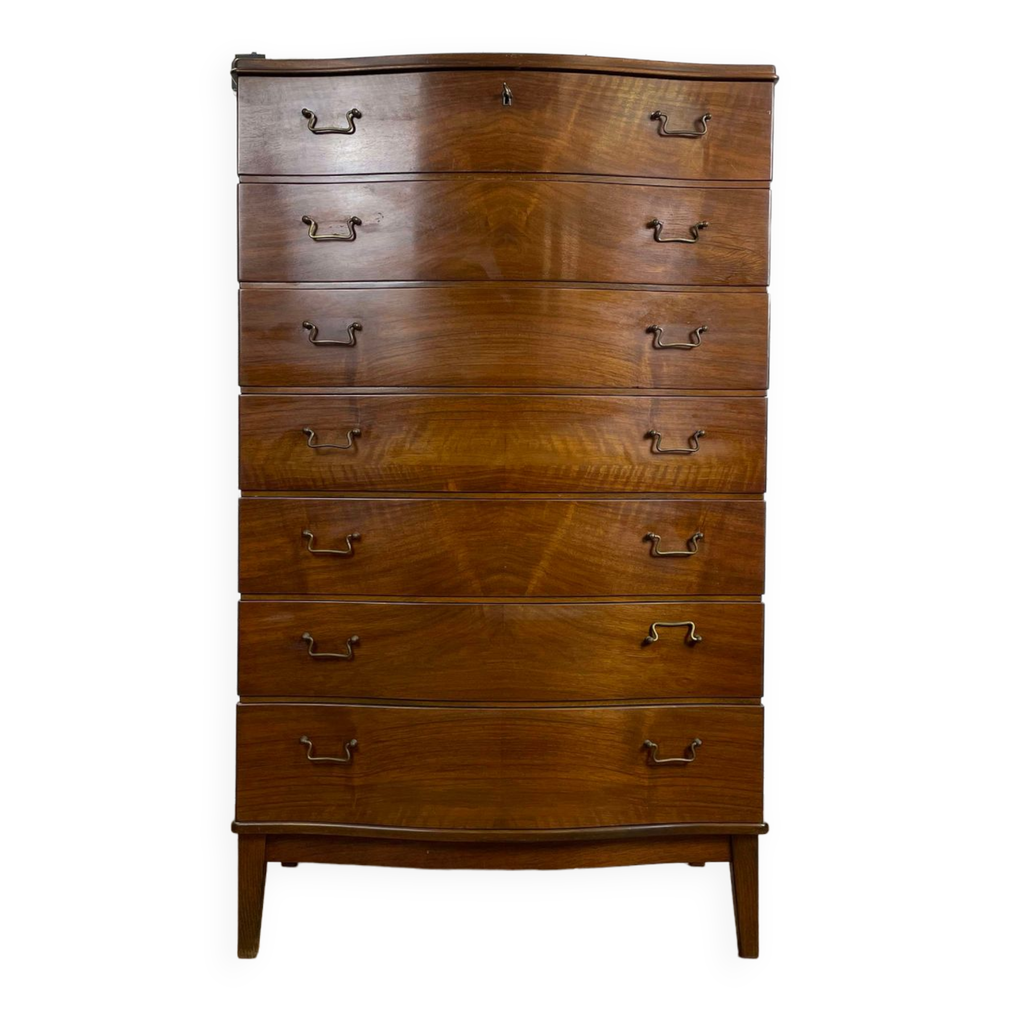 Curved face chest of drawers 7 drawers Scandinavian vintage lacquered walnut, 60s