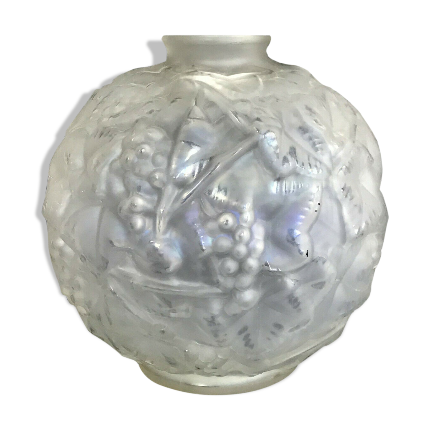 Pressed molded glass ball vase decorated with grape bunches