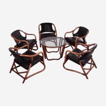 French Vintage Bamboo Lounge Set with Black Leather Seat, 1960s