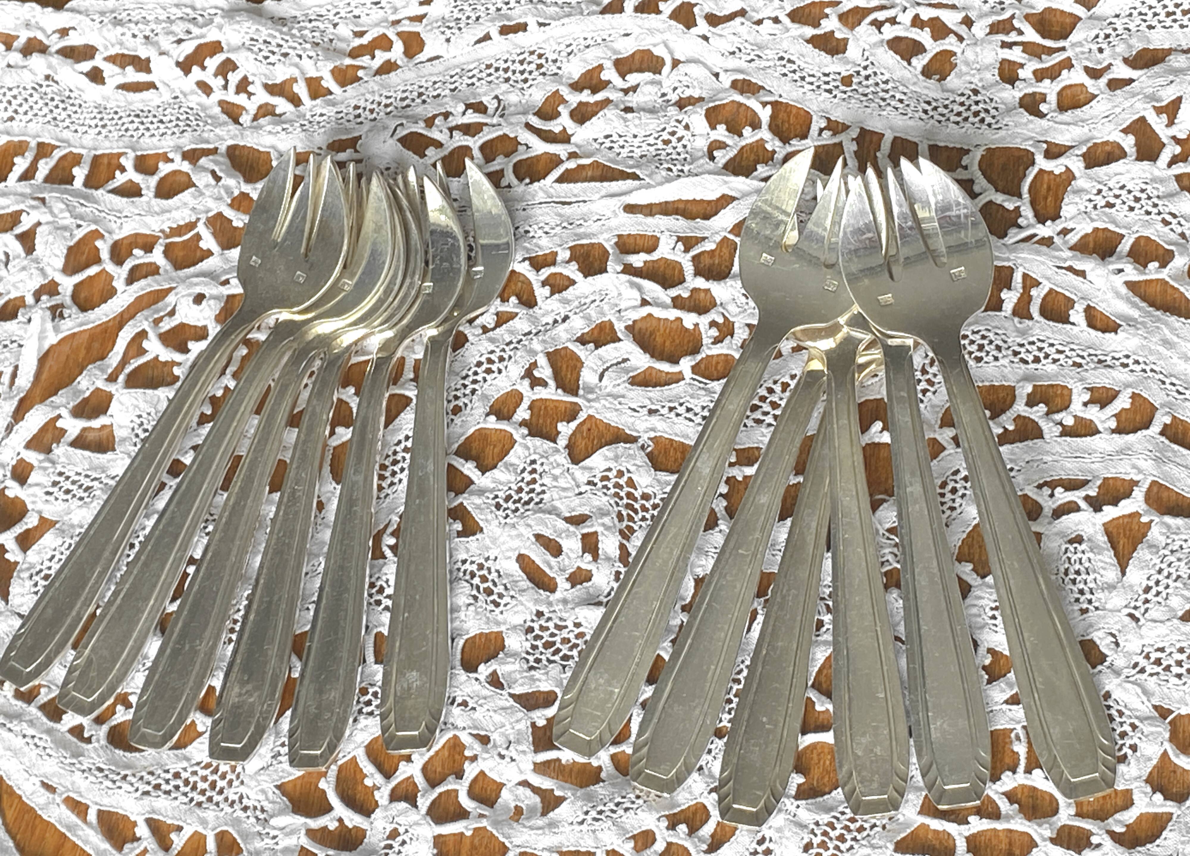 12 silver-plated oyster or dessert forks, Art Deco model