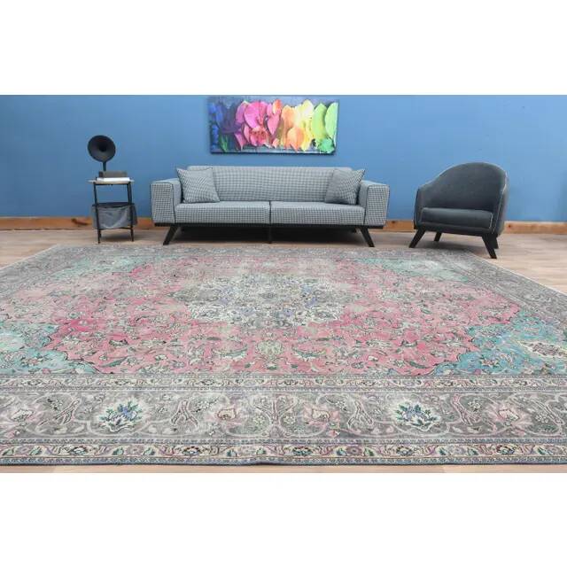 1970s Vintage Persian Handmade Wool Pink Area Rug 292x387