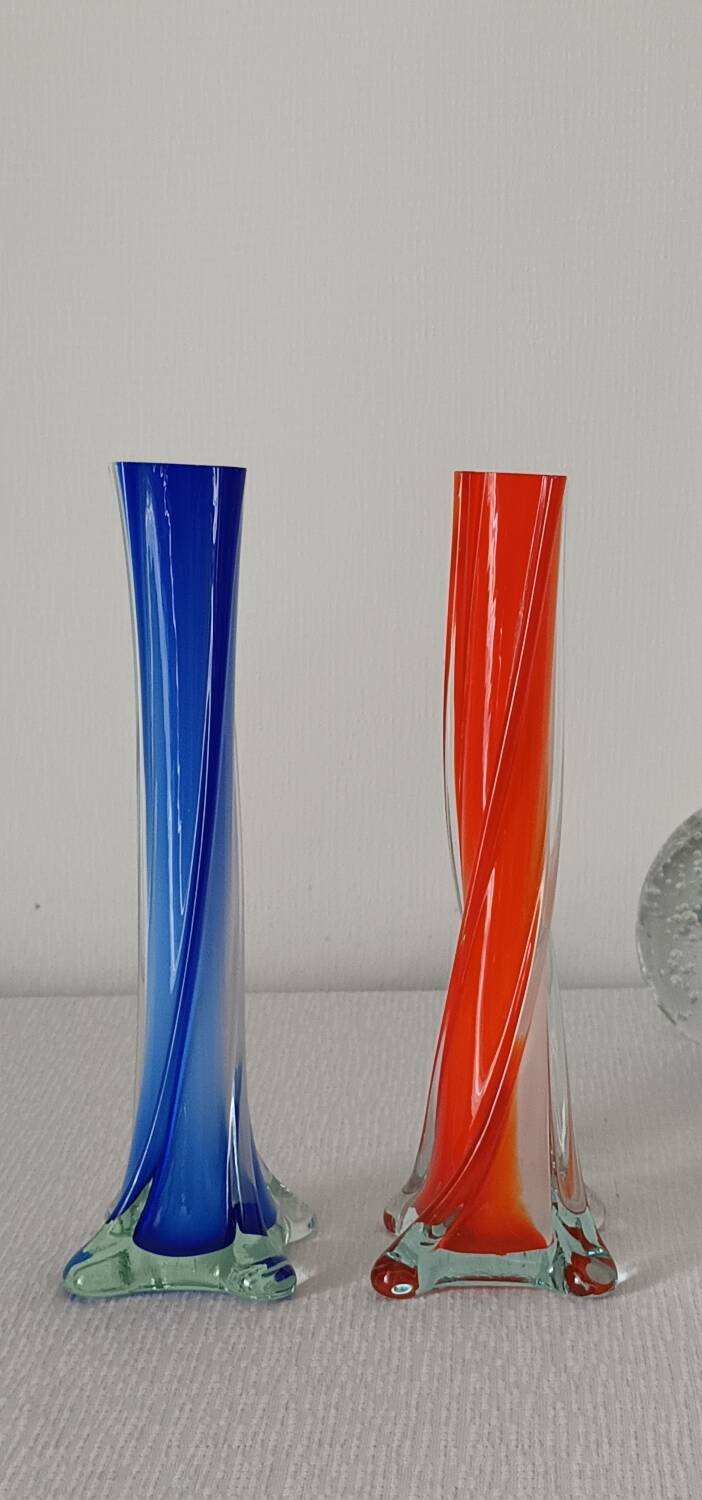 Pair of colored glass soliflores, 1960s