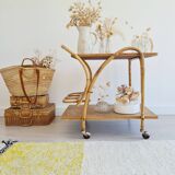 Antique rattan serving trolley with double shelves