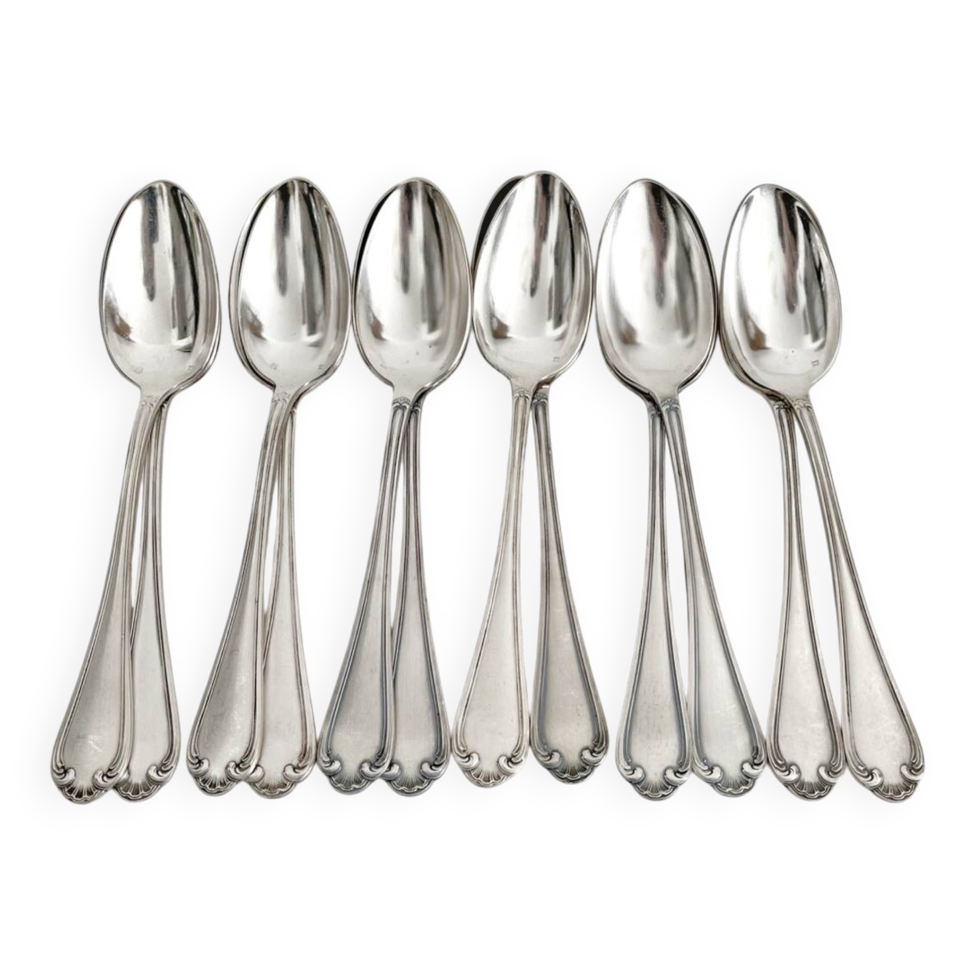 12 antique silver plated shell soup spoons