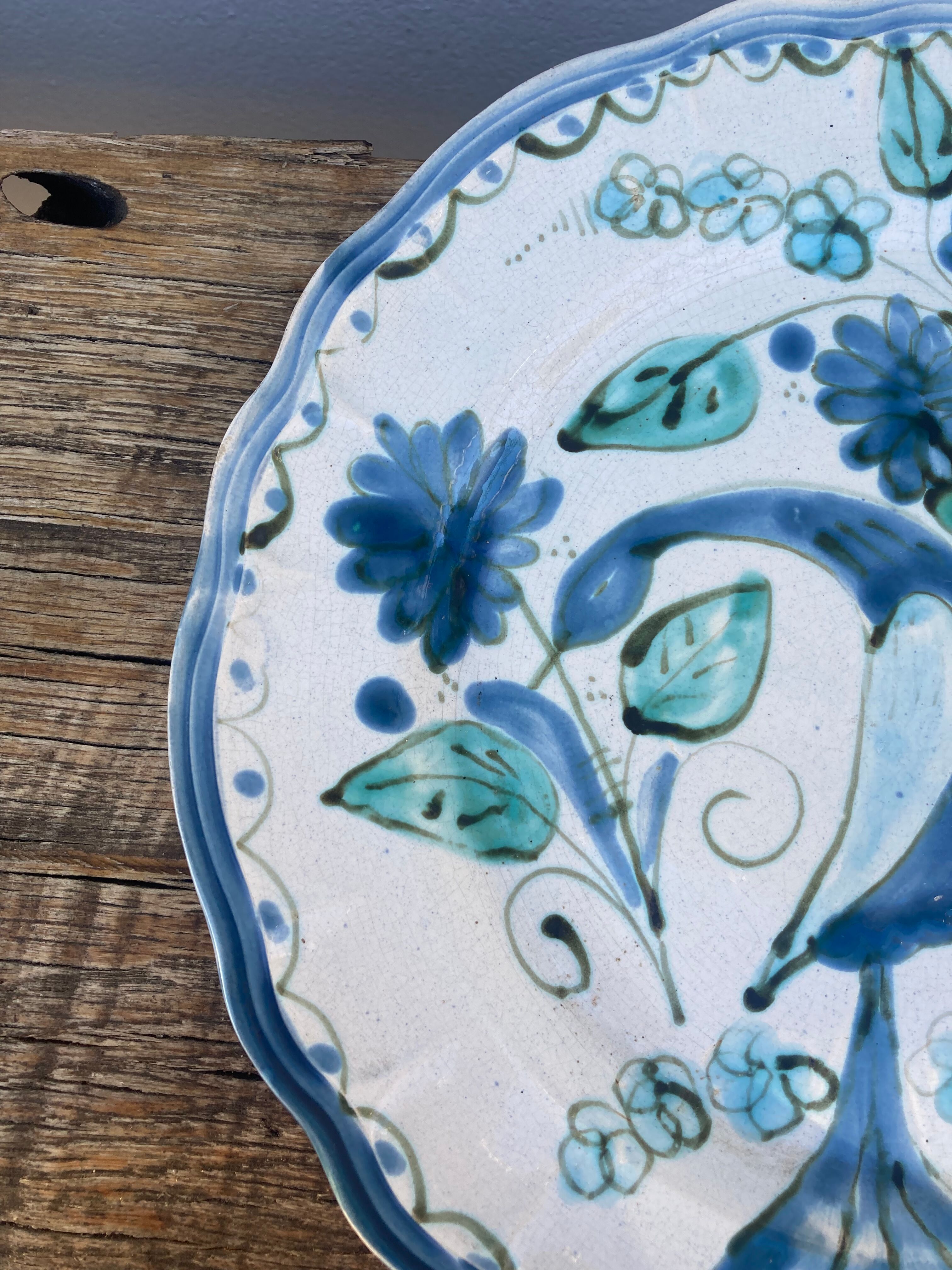 Decorative plate decorated with bird and flowers blue and pink vintage