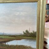 Tableau huile bord de rivière signé EM