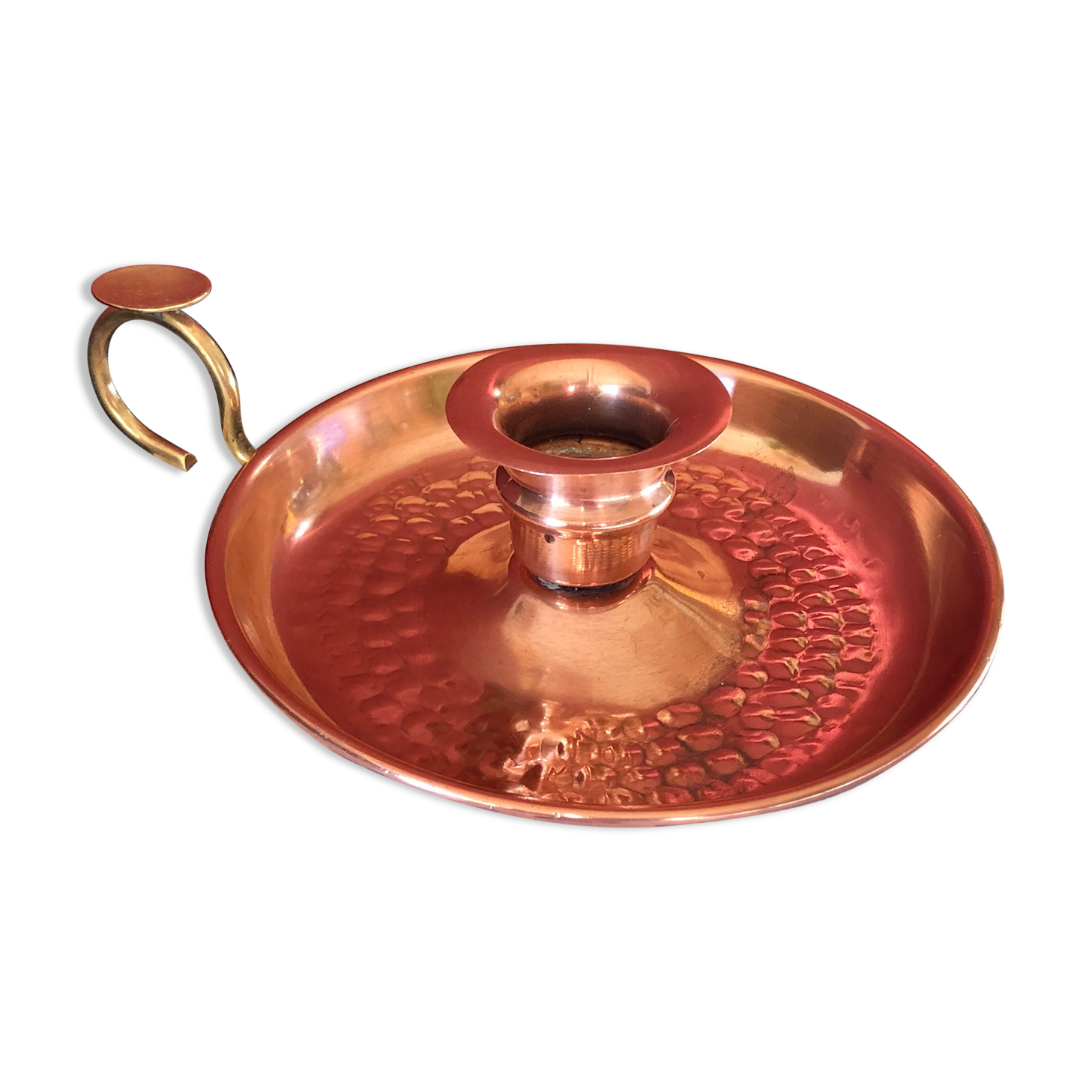 Hammered red copper and brass hand candle holder