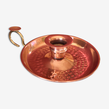 Hammered red copper and brass hand candle holder