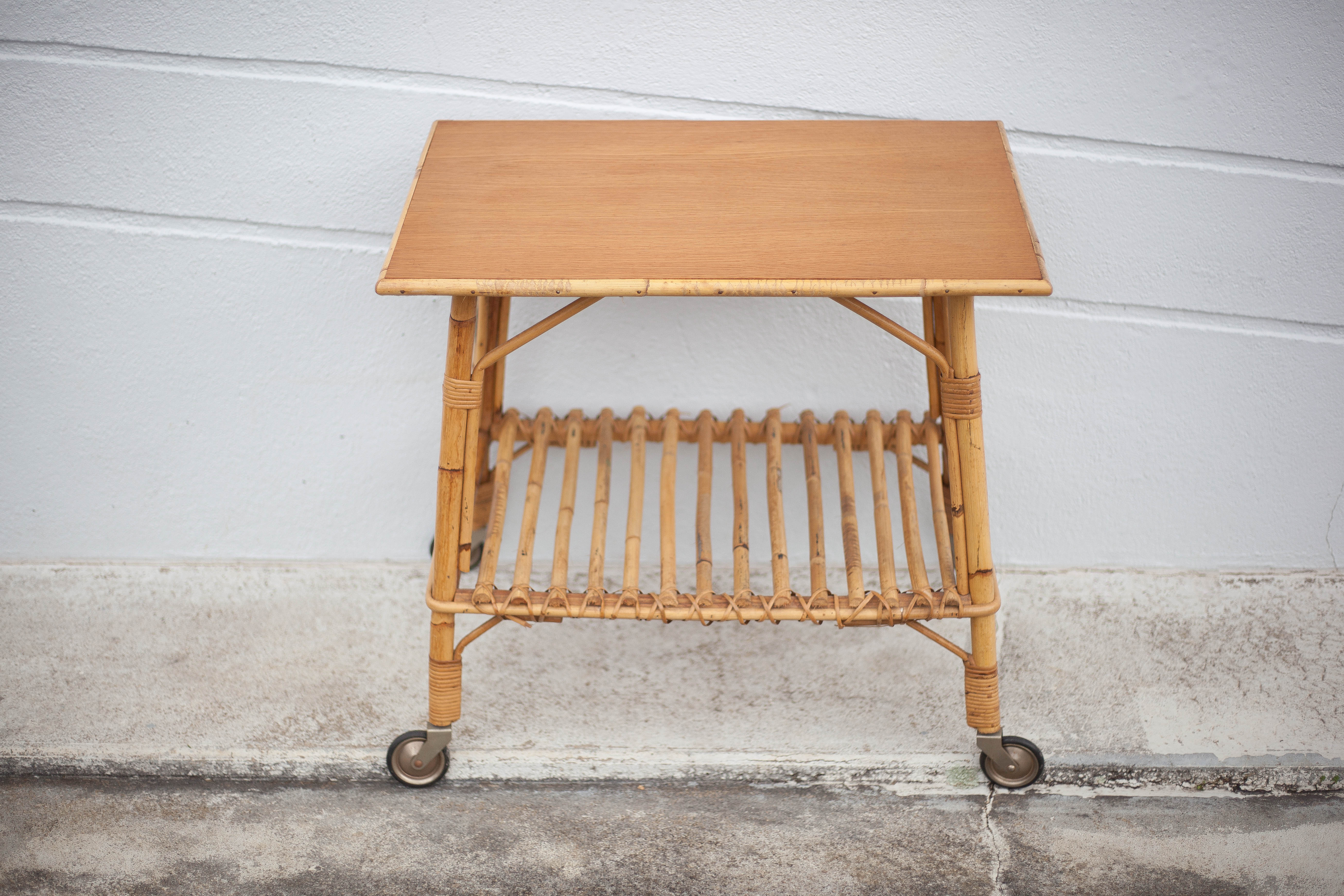 Bamboo table with wheels, bamboo service with wheels, servant, interior decoration