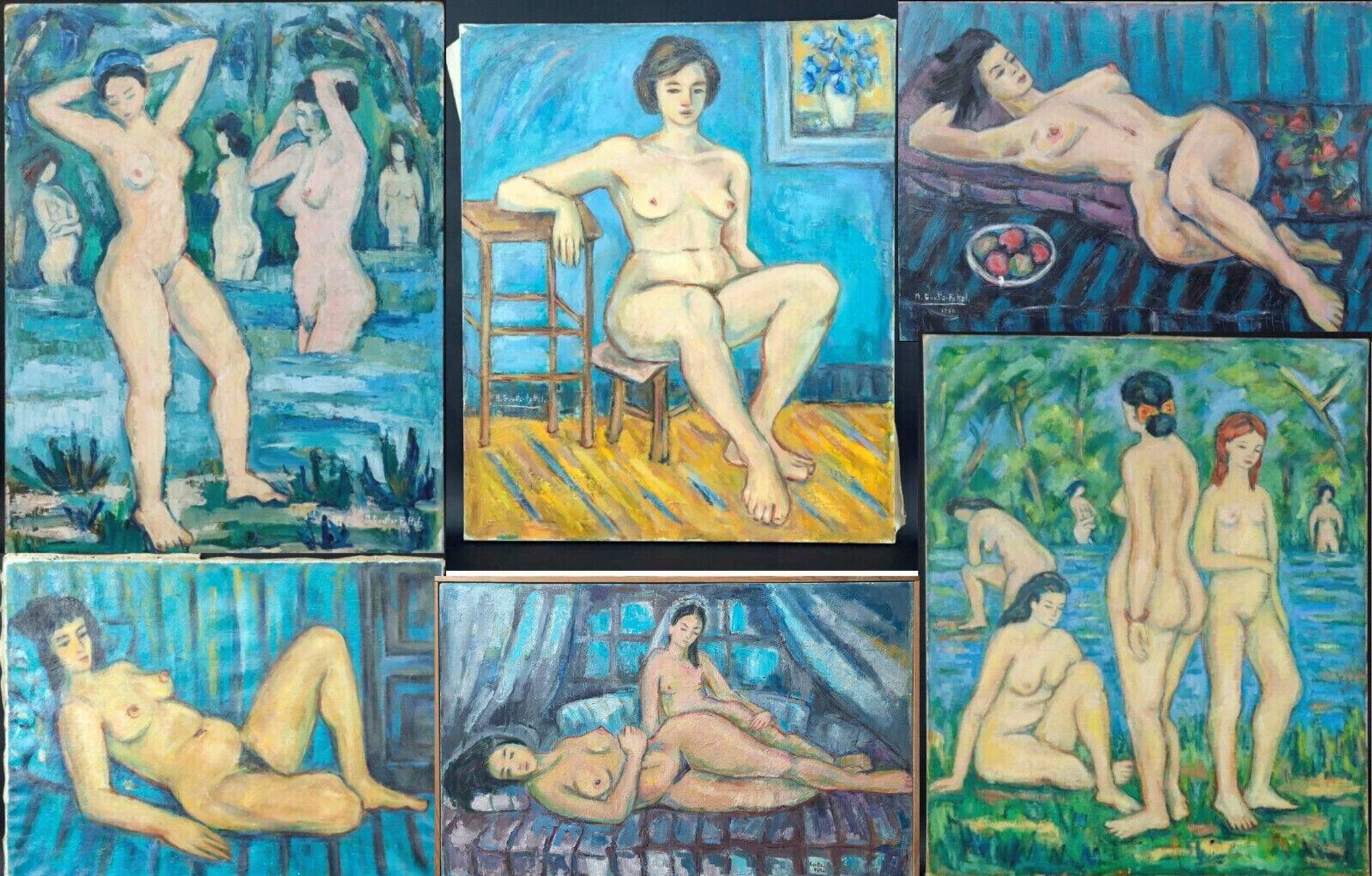 Large painting hst "baigneuses" marcelle guetta-fattal (1922-2009) fauvism