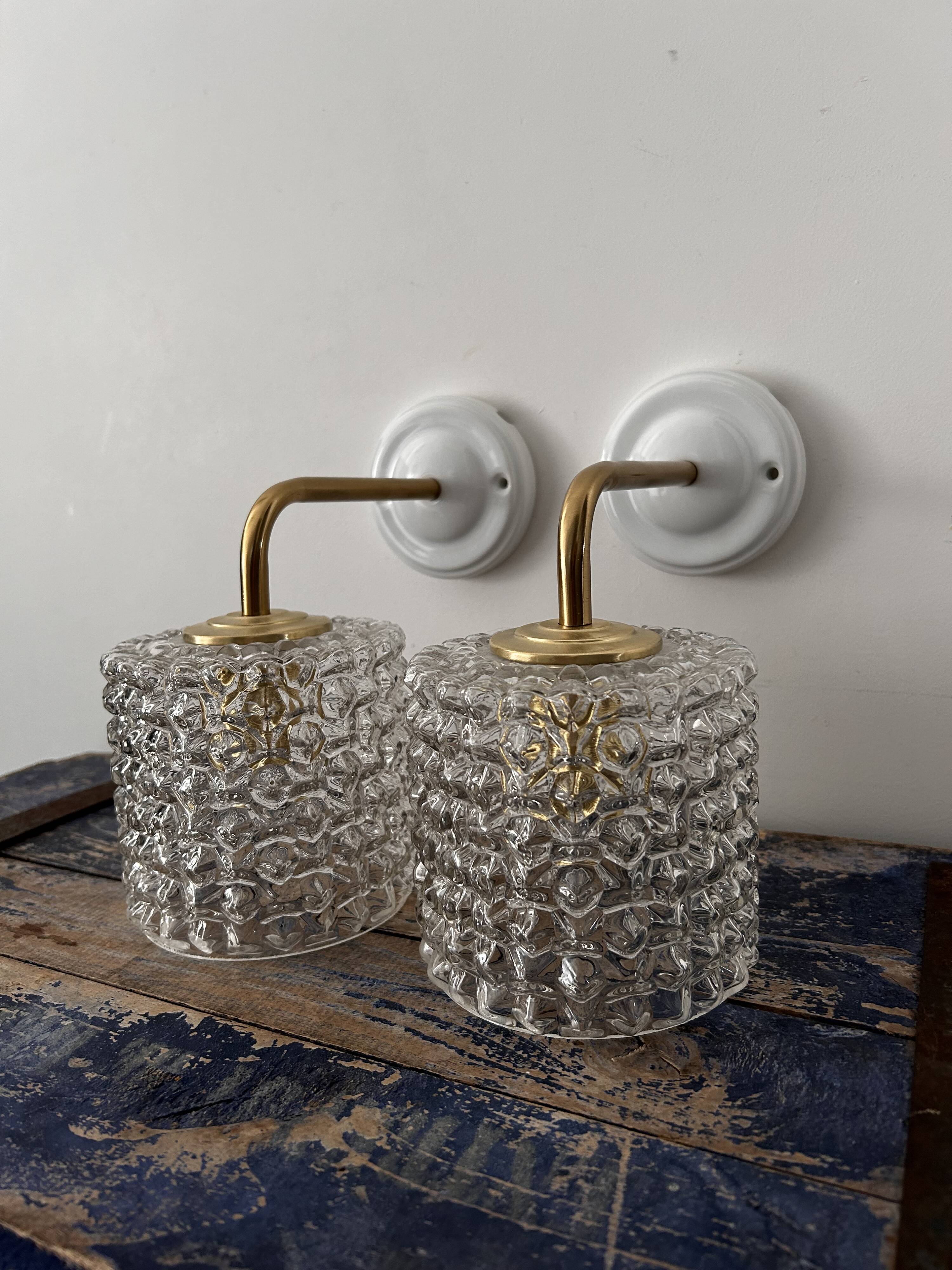 Pair of vintage chiseled glass wall lights