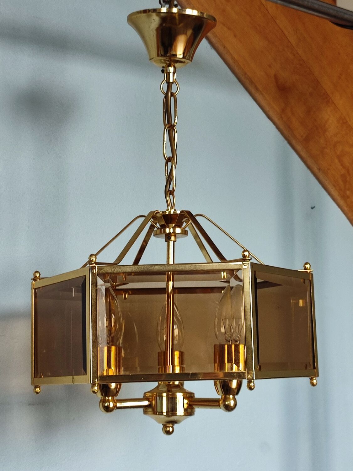 Brass pendant lamp and five-faceted vintage smoked glasses