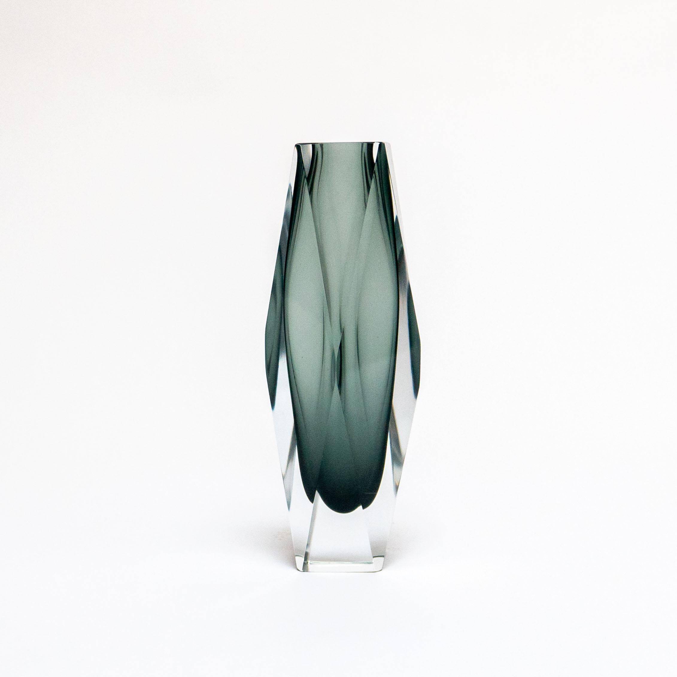Vintage Geometric Vase in Grey "Sommerso" Murano Glass, Flavio Poli Style