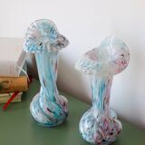 Pair of Clichy glass vases, blue, pink, old