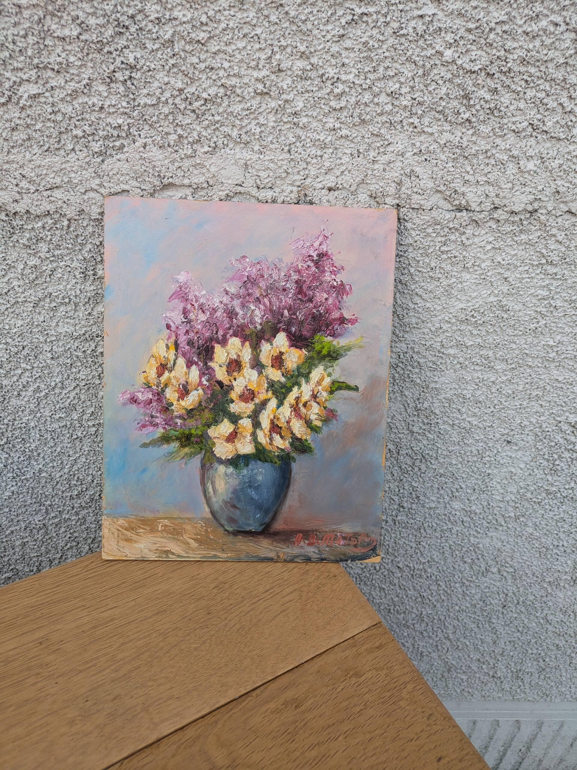 Bouquet of flowers, oil on cardboard