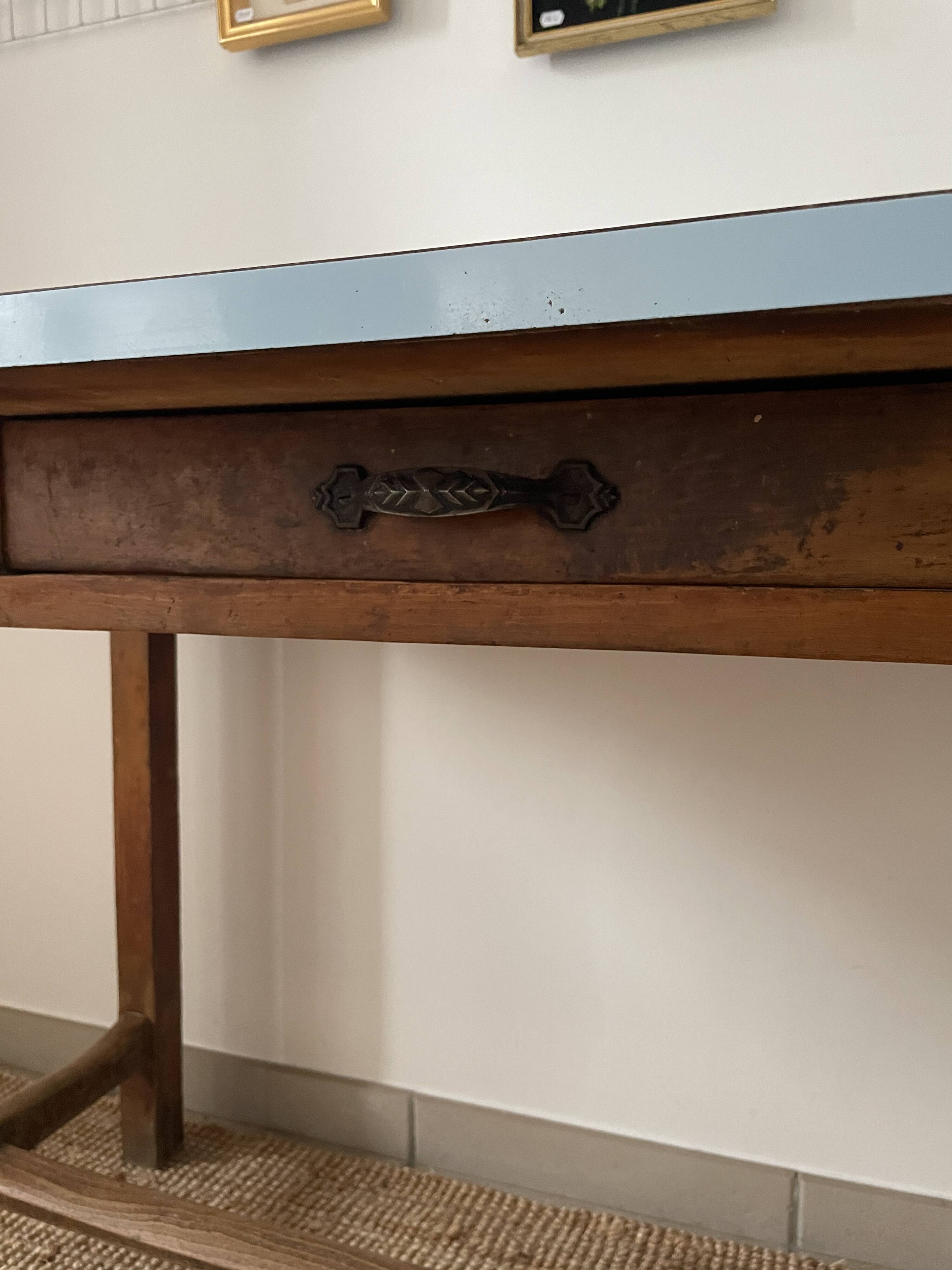 Antique farmhouse table with blue formica top