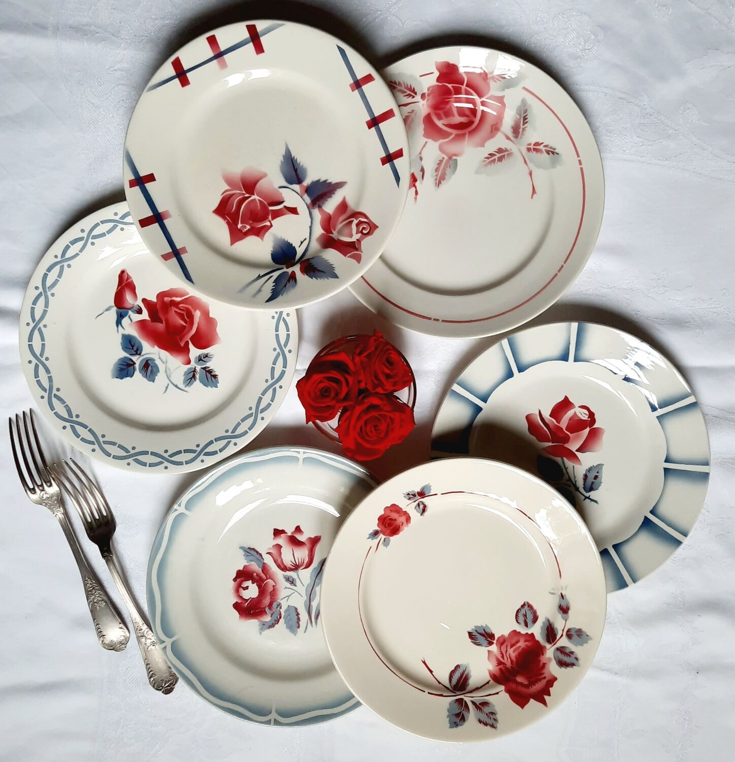 Old flat plates mismatched in earthenware