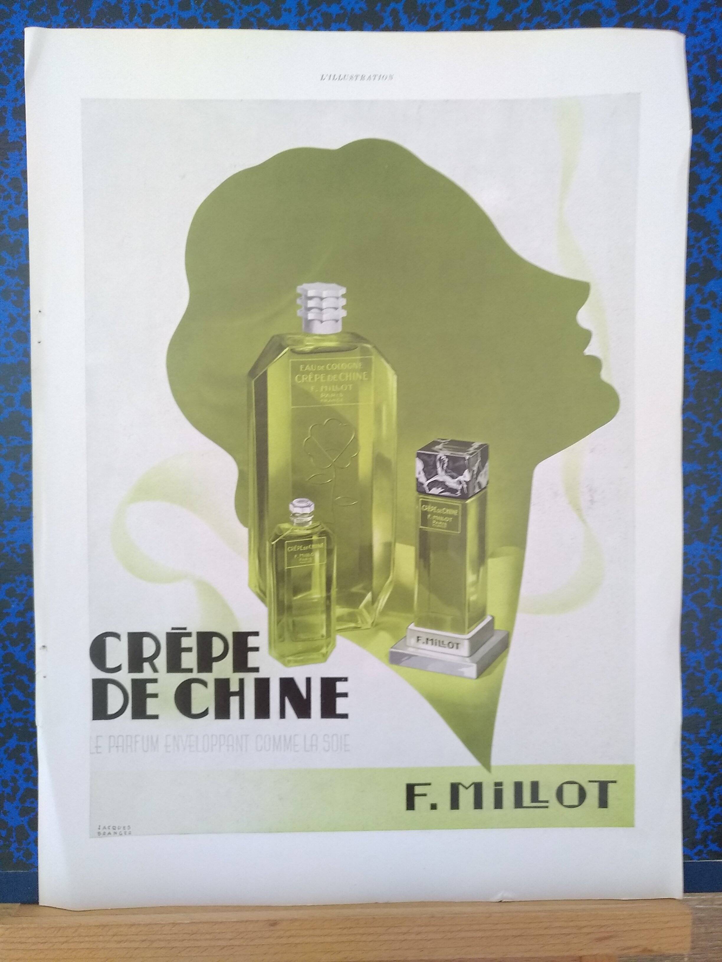 A paper advertisement for perfume brand crêpe de chine and eau de cologne from 1937 magazine