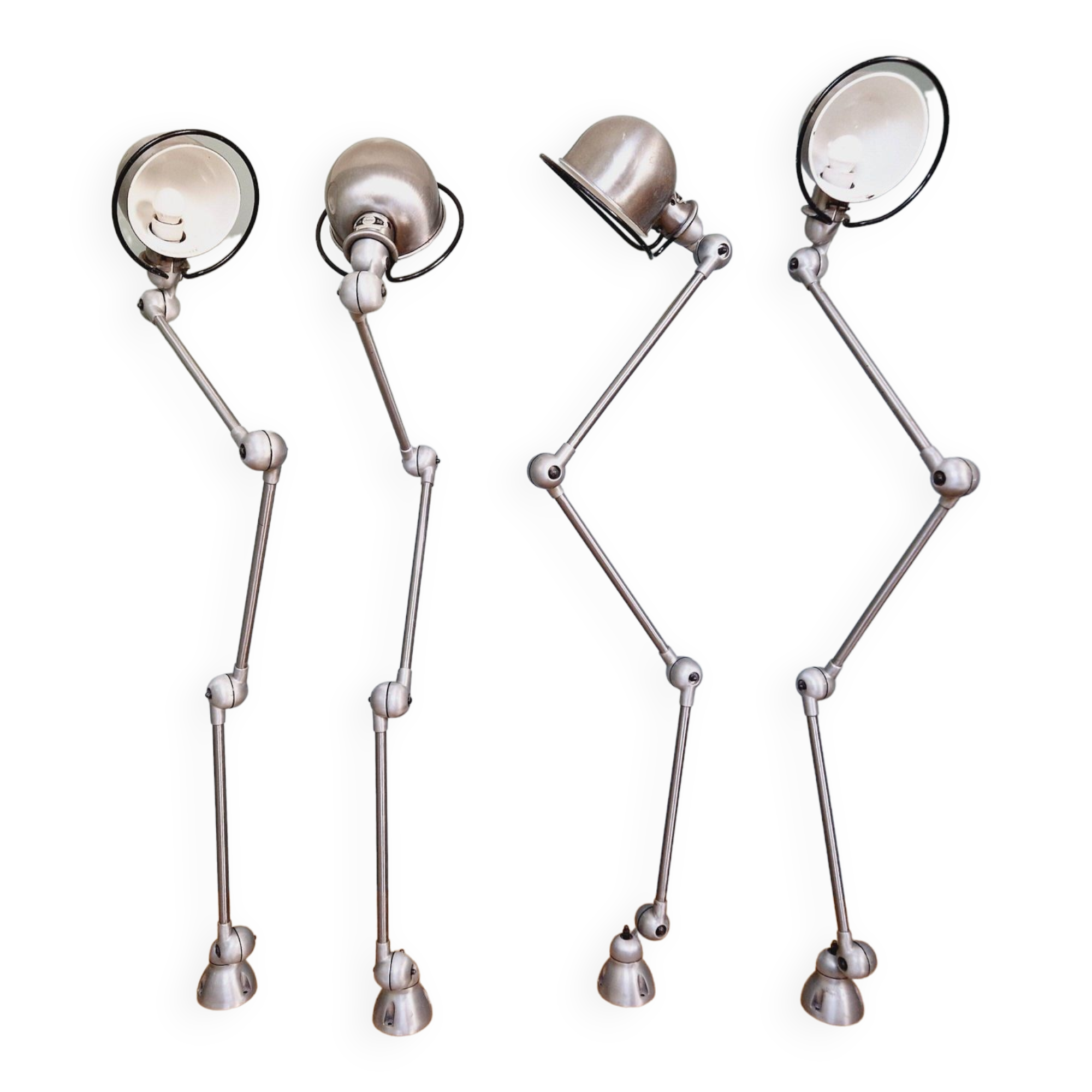 Set of 4 Jieldé industrial lamps in brushed steel, 3 arms