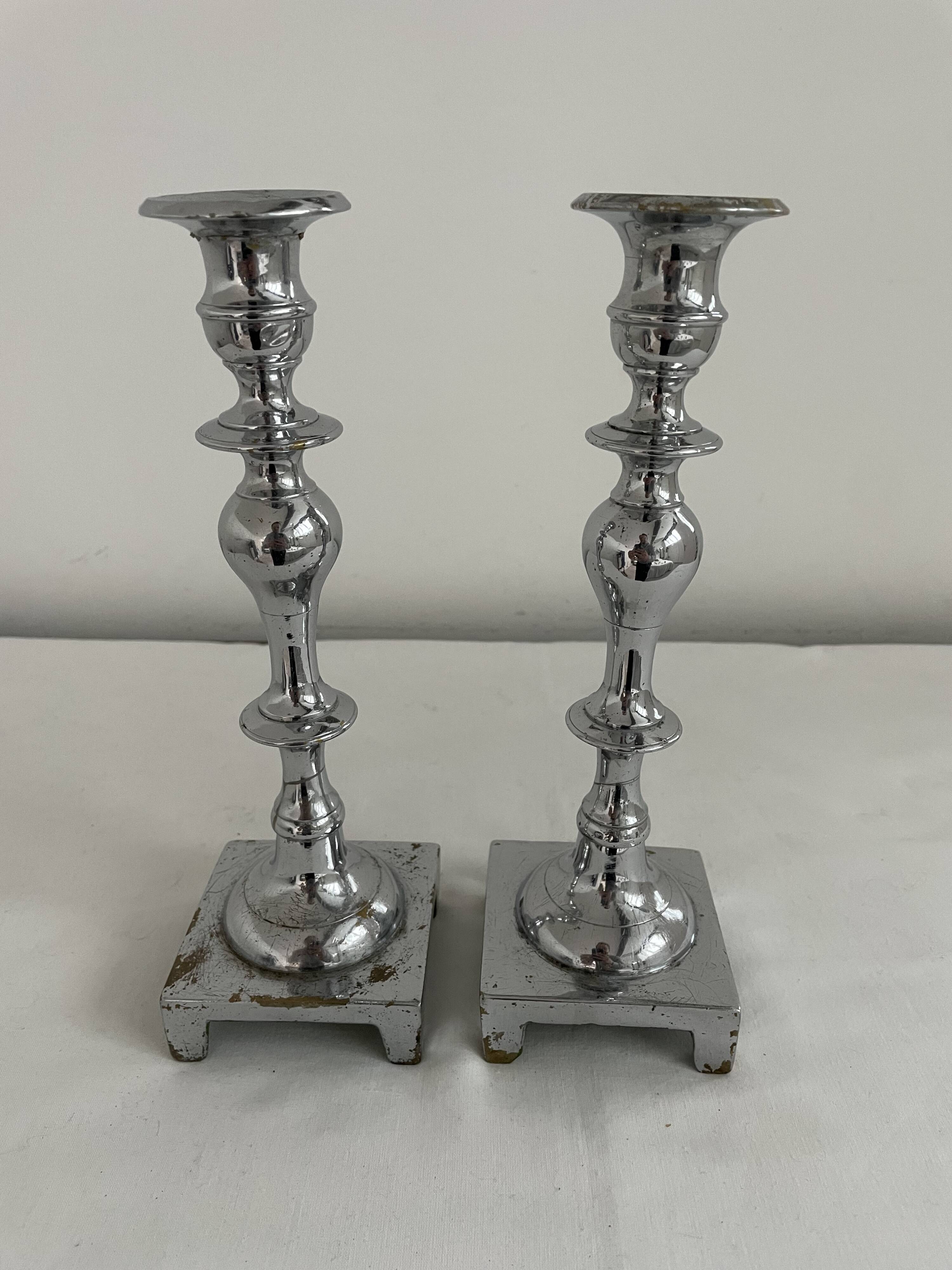 Large antique silver plated candlesticks, square base, pair, classic
