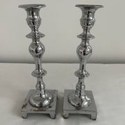 Large antique silver plated candlesticks, square base, pair, classic