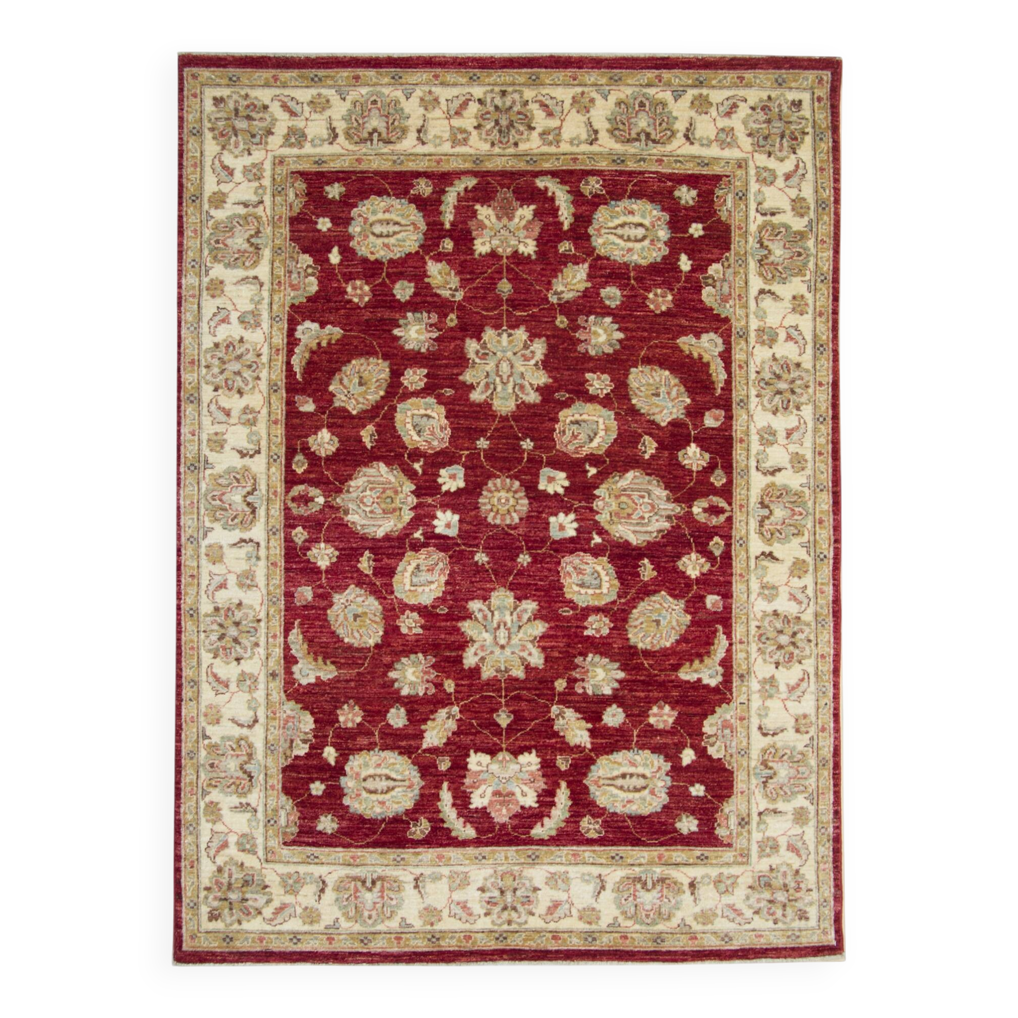 Tapis Zeigler en laine rouge fait main, motif floral, pour salon et séjour, 144 x 190 cm