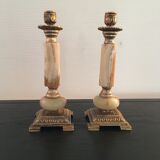 Pair of alabaster and brass candle holders
