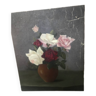 Huile sur panneau  - Bouquet de roses