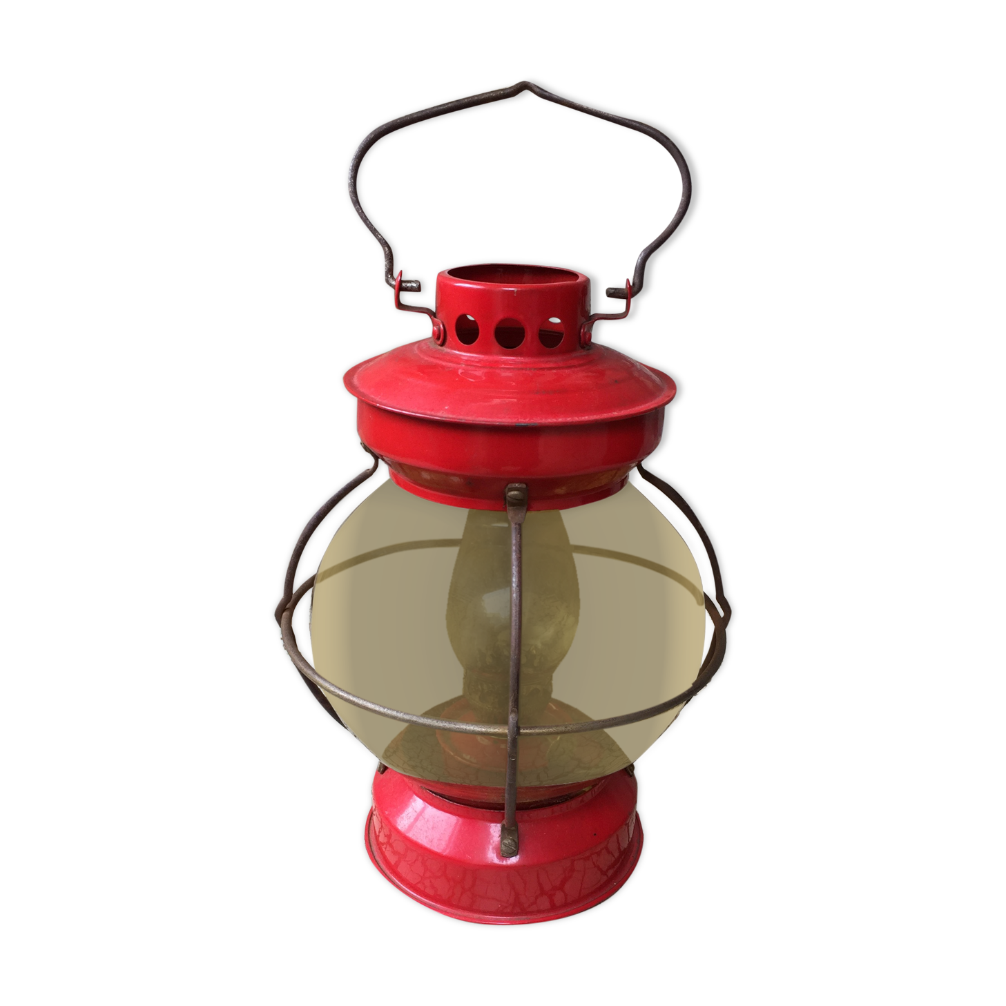 Vintage round glass and metal storm lamp