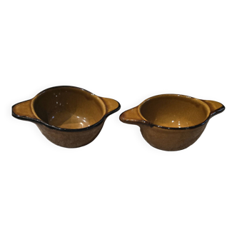 2 vintage brown eared bowls