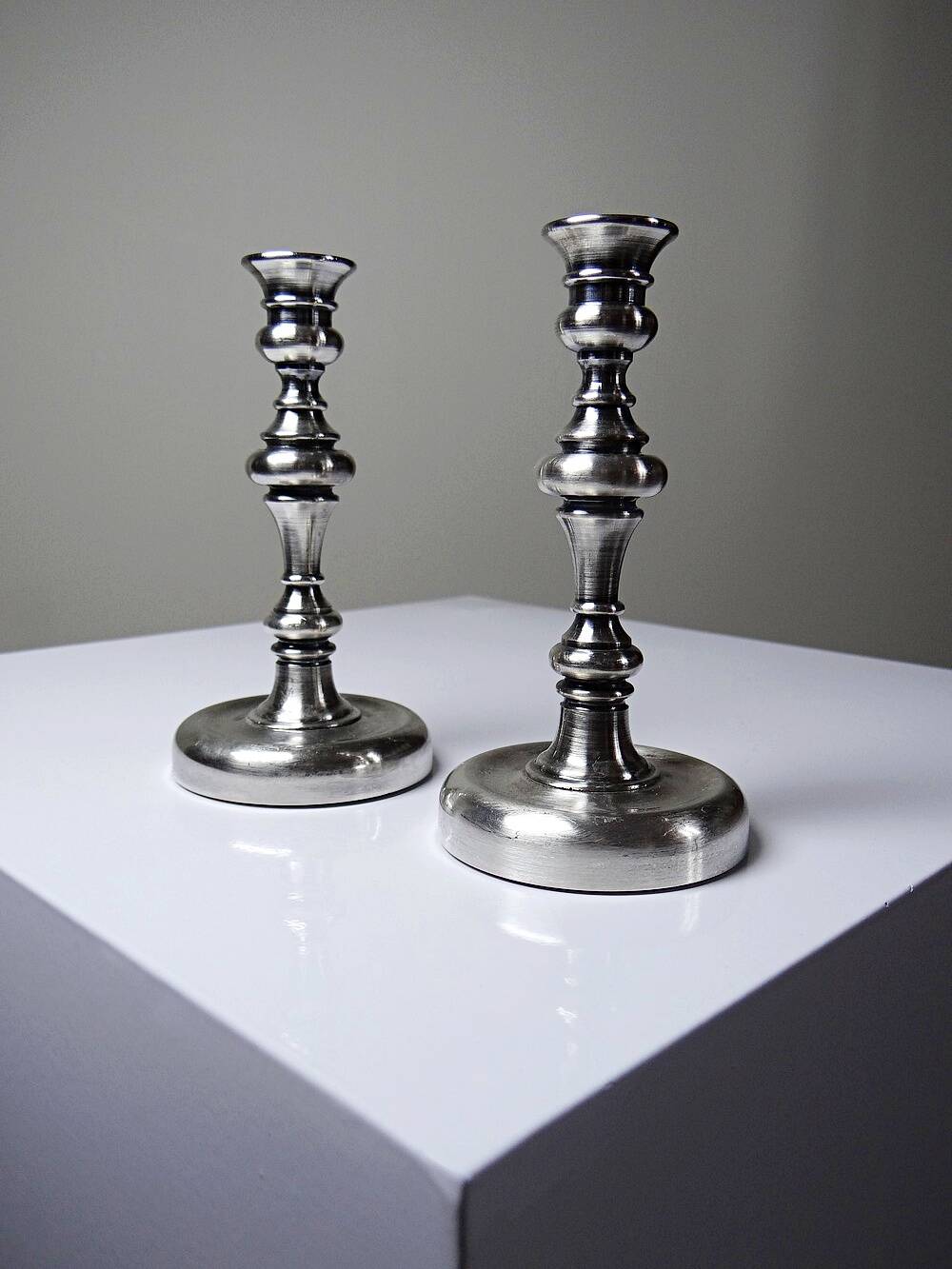 Pair of small antique silver-plated candlesticks, Georgian style.
