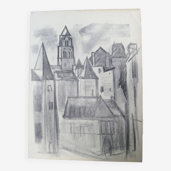 Uzerche, original charcoal drawing by Jean Villette (1913-2005)