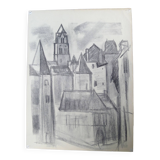 Uzerche, original charcoal drawing by Jean Villette (1913-2005)